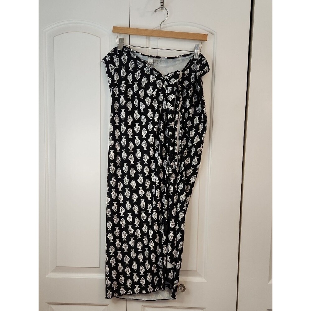 Coldwater Creek Black Fish Print Swim Stretch Wrap Skirt Coastal Resort One Size